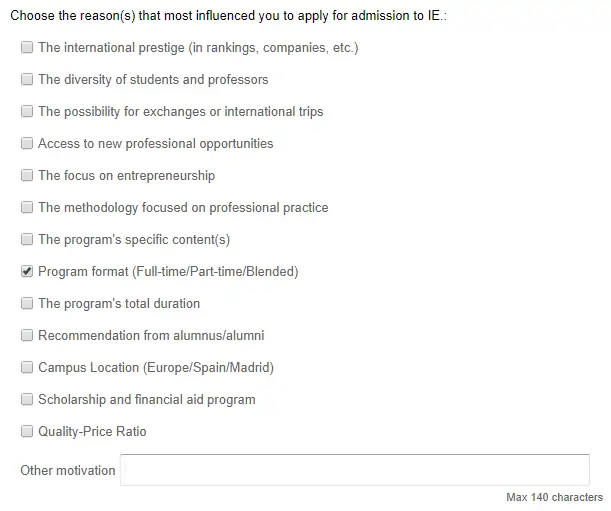 Ahora debes de añadir los motivos por los que quieres estudiar en IE.
